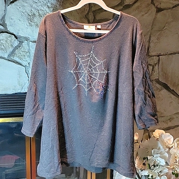 Quacker Factory 3X Halloween Spider Web 3/4 Sleeve Top. - Picture 1 of 5